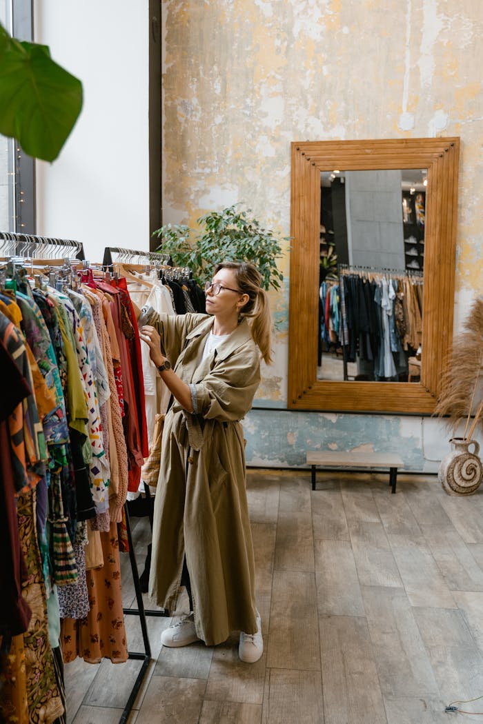 A woman in a trench coat browses clothing racks in a stylish boutique with a rustic mirror.